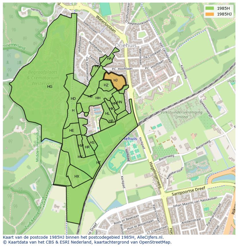Afbeelding van het postcodegebied 1985 HJ op de kaart.
