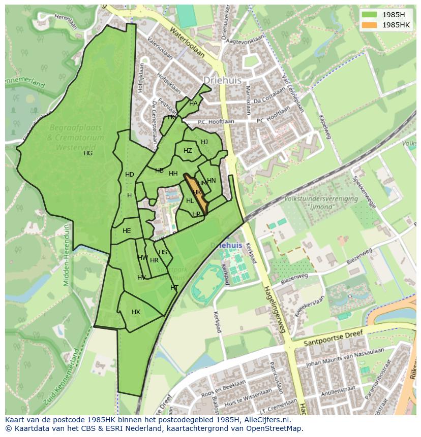 Afbeelding van het postcodegebied 1985 HK op de kaart.