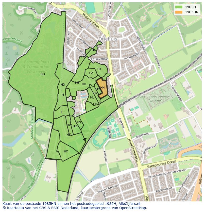 Afbeelding van het postcodegebied 1985 HN op de kaart.