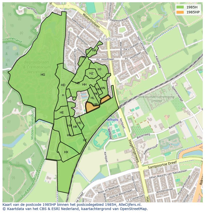 Afbeelding van het postcodegebied 1985 HP op de kaart.