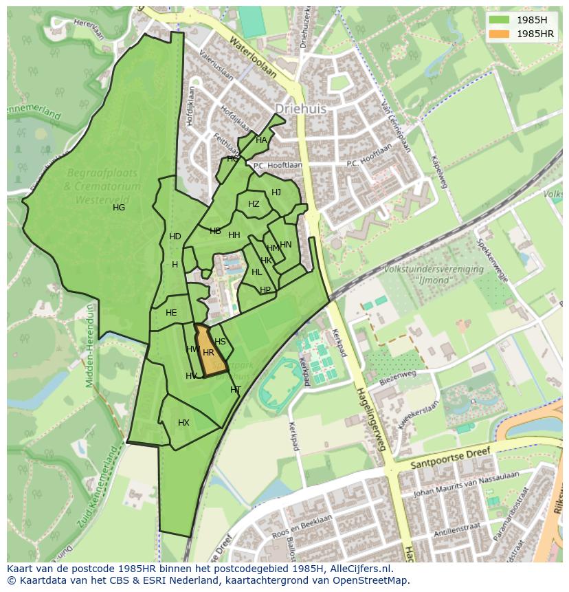 Afbeelding van het postcodegebied 1985 HR op de kaart.