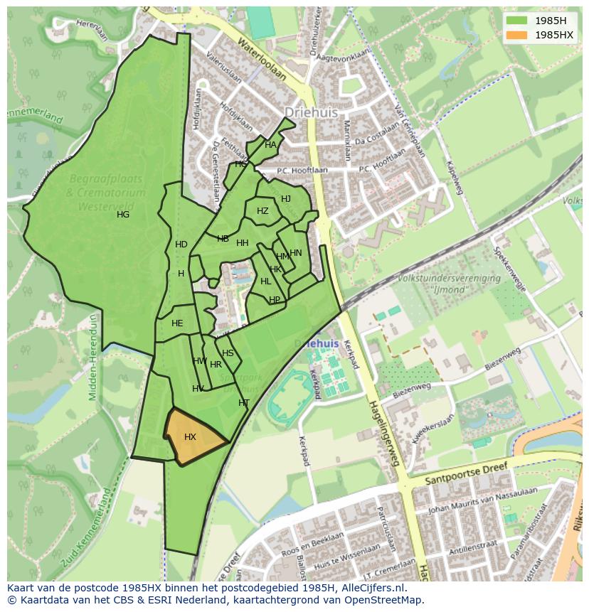 Afbeelding van het postcodegebied 1985 HX op de kaart.