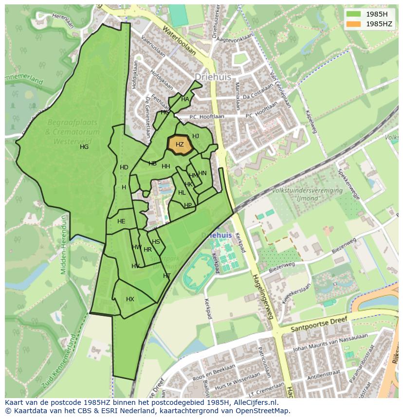 Afbeelding van het postcodegebied 1985 HZ op de kaart.