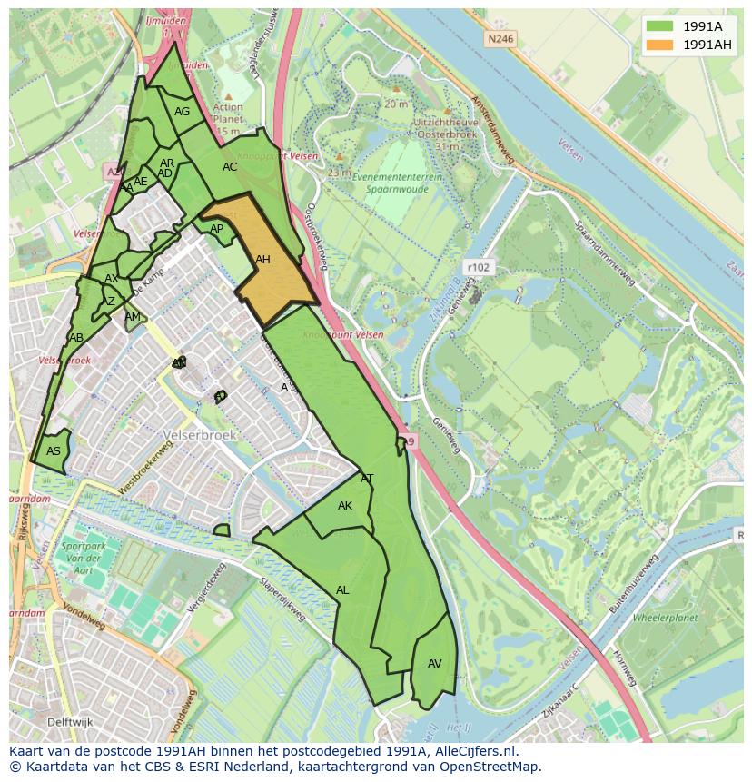 Afbeelding van het postcodegebied 1991 AH op de kaart.
