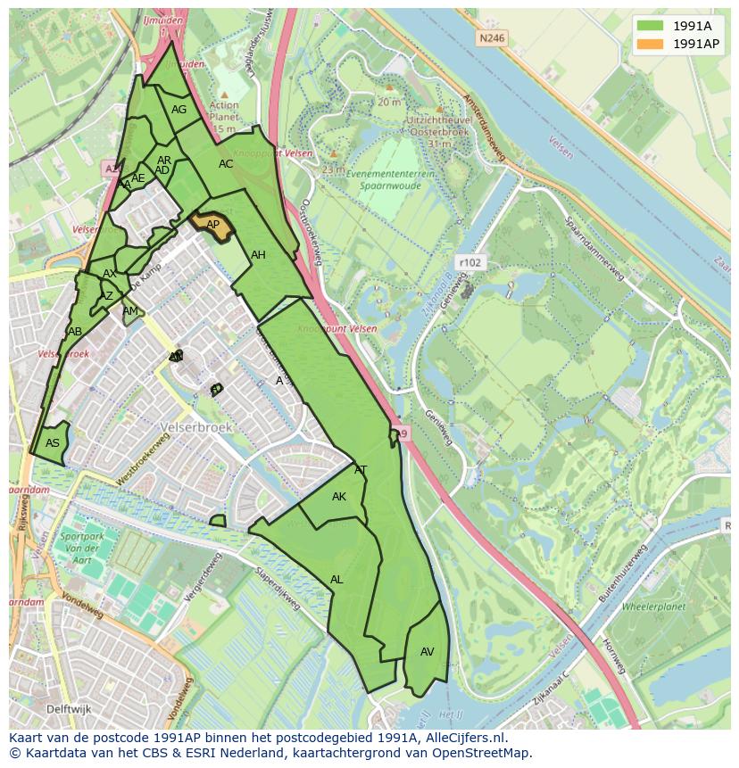 Afbeelding van het postcodegebied 1991 AP op de kaart.