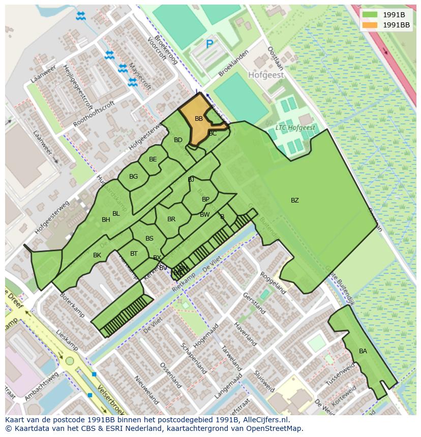 Afbeelding van het postcodegebied 1991 BB op de kaart.