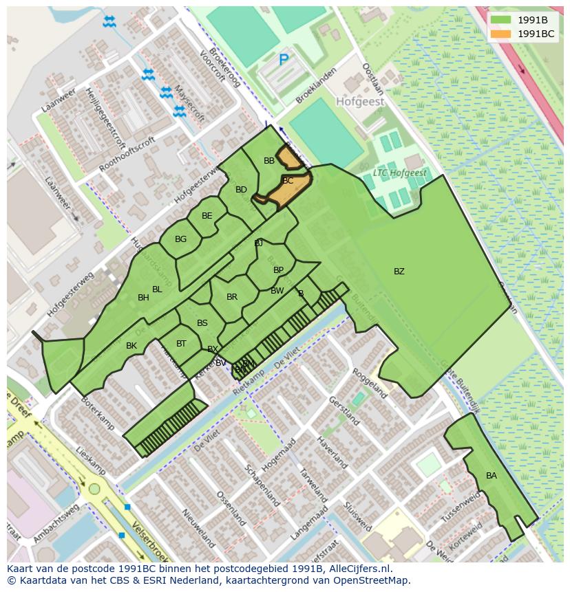 Afbeelding van het postcodegebied 1991 BC op de kaart.