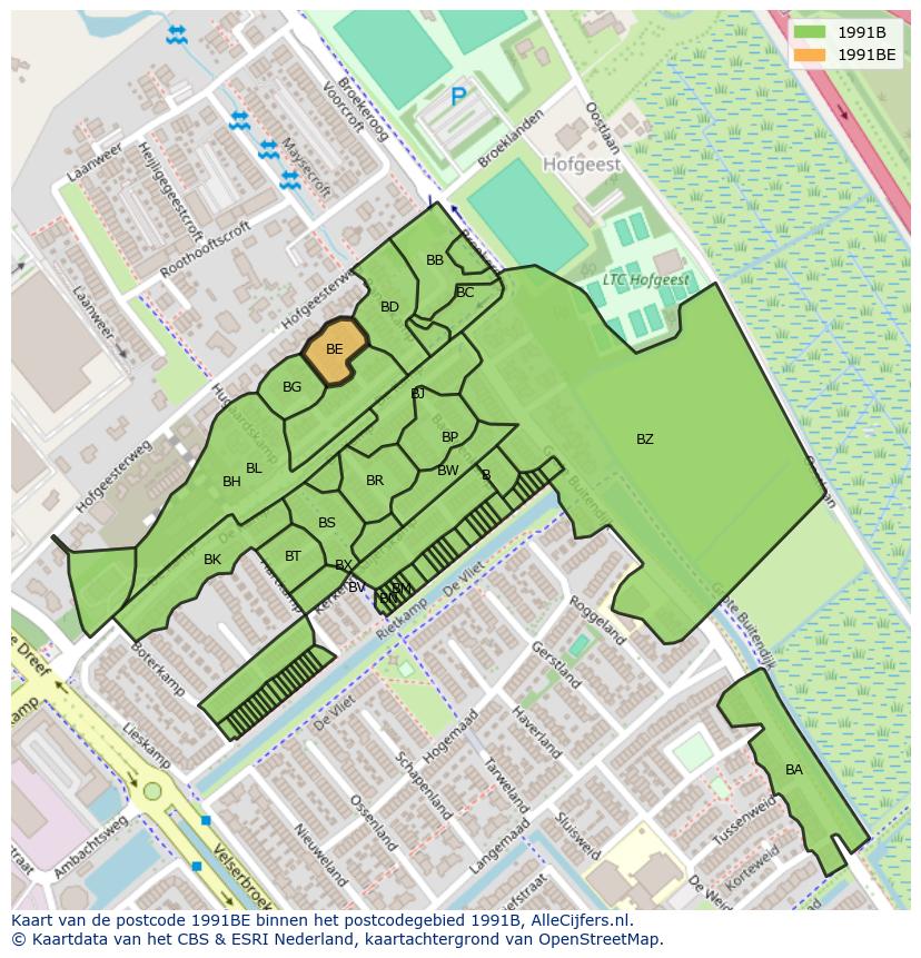 Afbeelding van het postcodegebied 1991 BE op de kaart.