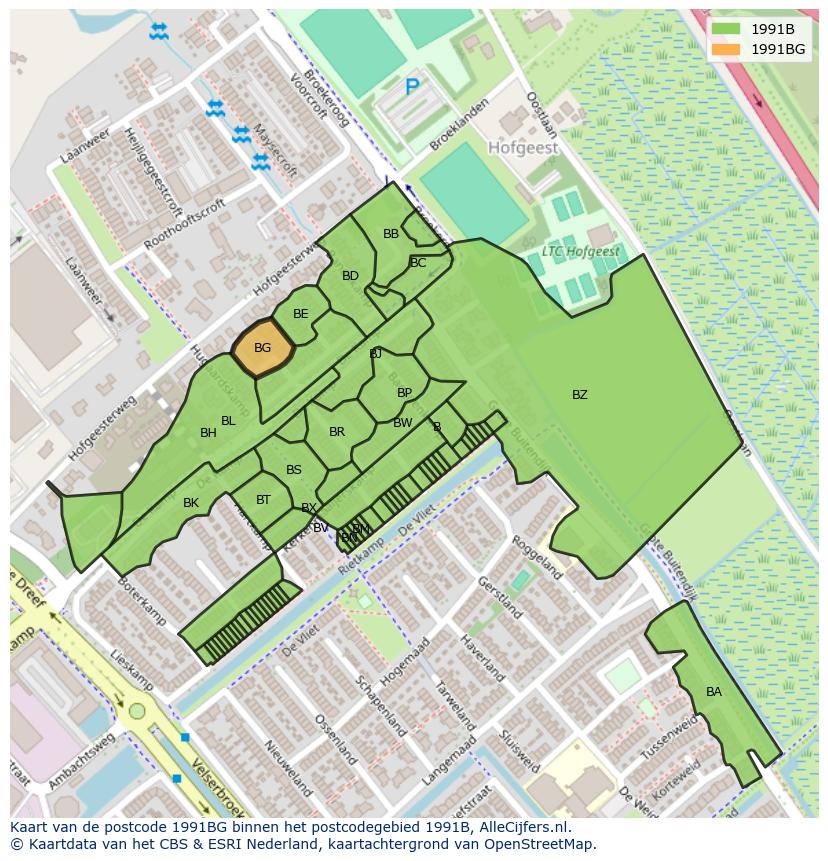 Afbeelding van het postcodegebied 1991 BG op de kaart.
