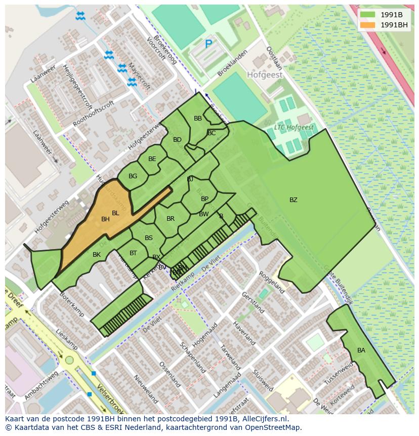 Afbeelding van het postcodegebied 1991 BH op de kaart.