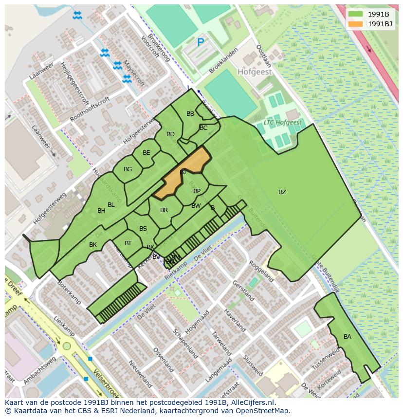 Afbeelding van het postcodegebied 1991 BJ op de kaart.