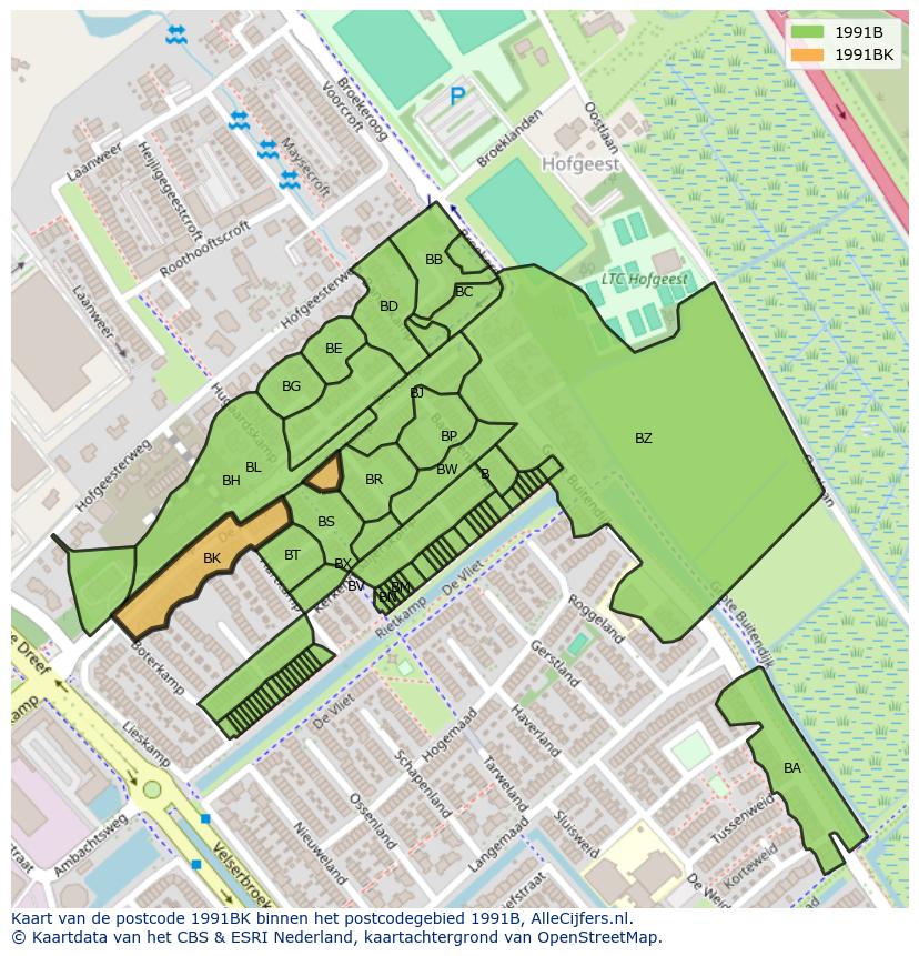 Afbeelding van het postcodegebied 1991 BK op de kaart.