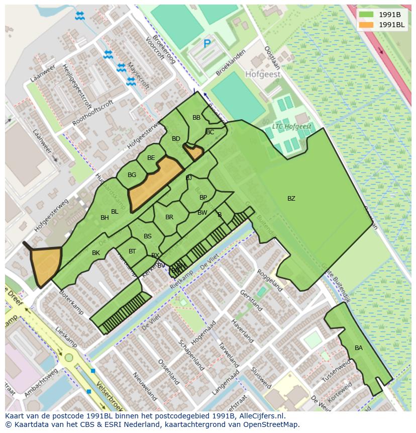 Afbeelding van het postcodegebied 1991 BL op de kaart.