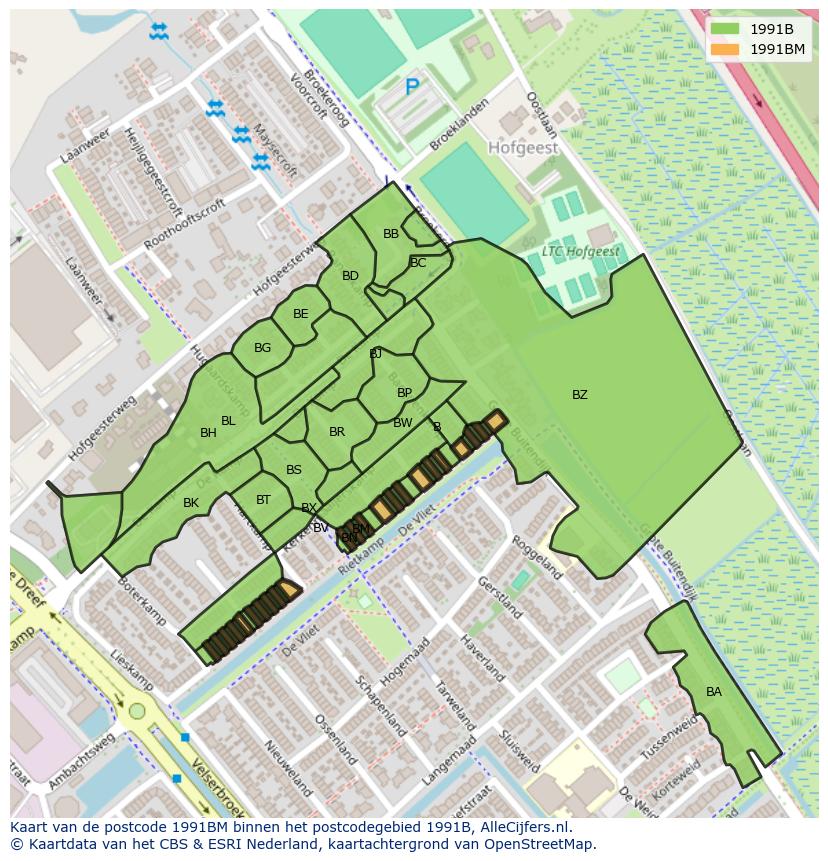 Afbeelding van het postcodegebied 1991 BM op de kaart.