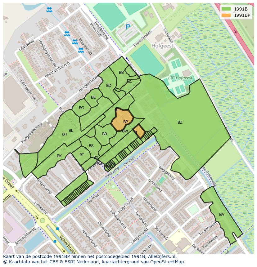 Afbeelding van het postcodegebied 1991 BP op de kaart.