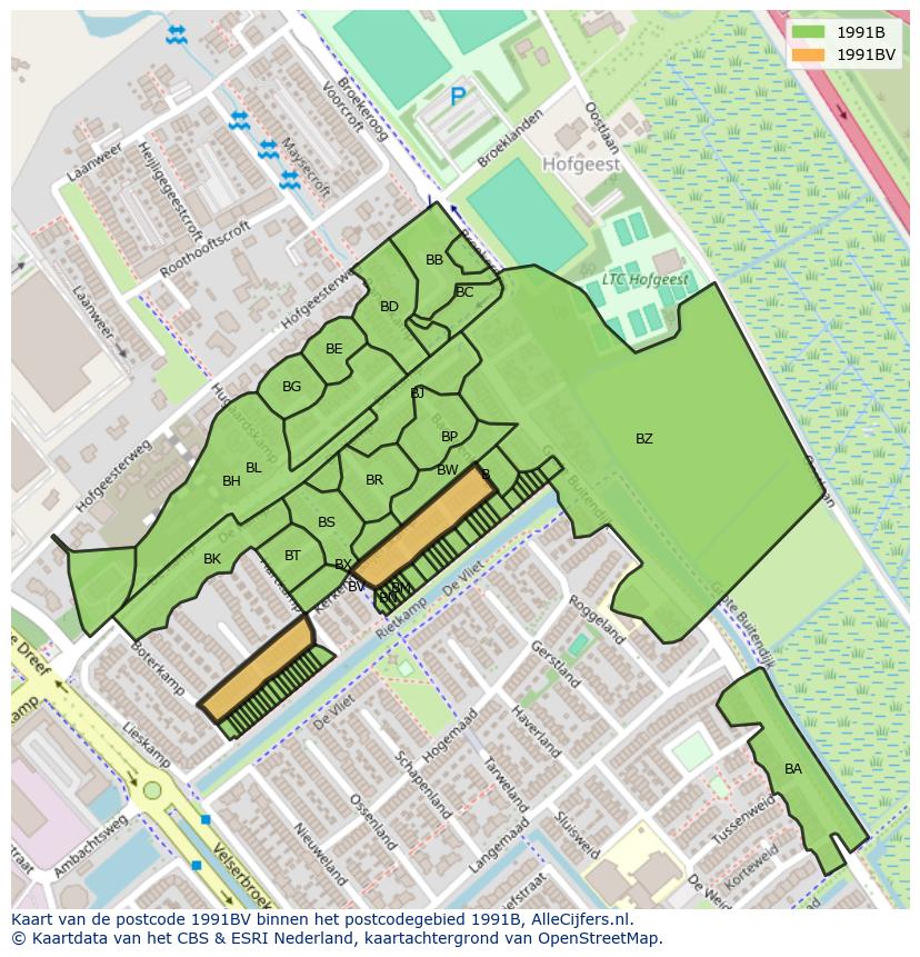 Afbeelding van het postcodegebied 1991 BV op de kaart.