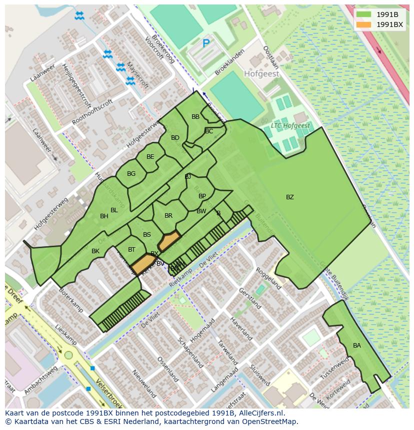 Afbeelding van het postcodegebied 1991 BX op de kaart.