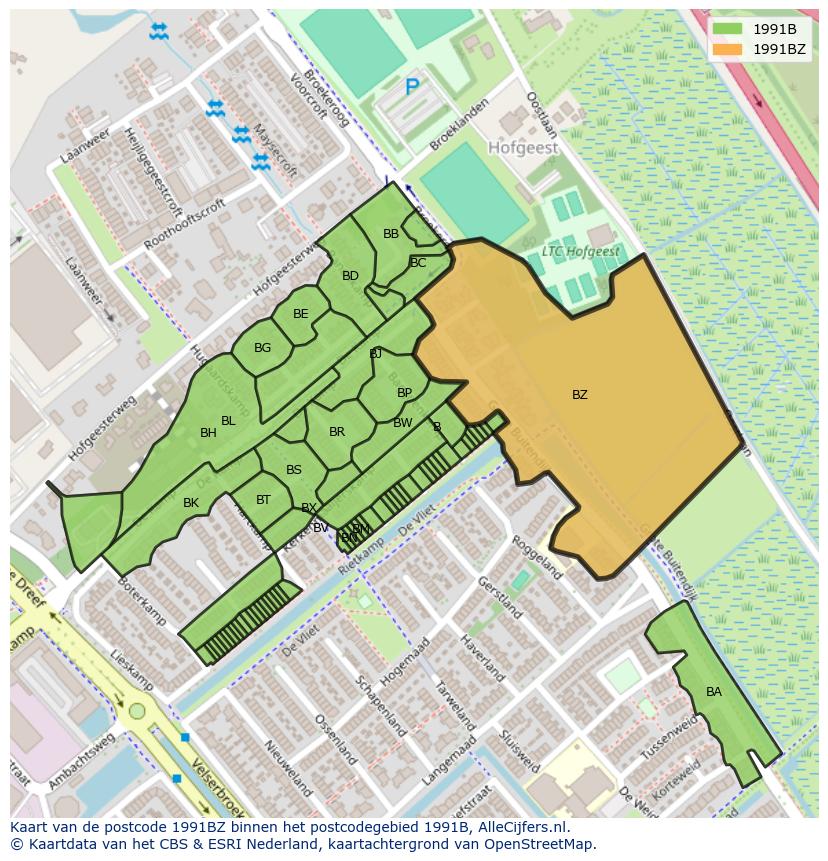 Afbeelding van het postcodegebied 1991 BZ op de kaart.