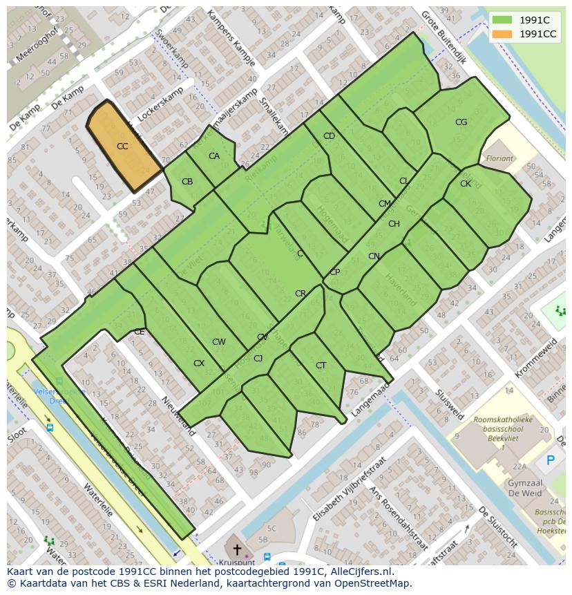 Afbeelding van het postcodegebied 1991 CC op de kaart.