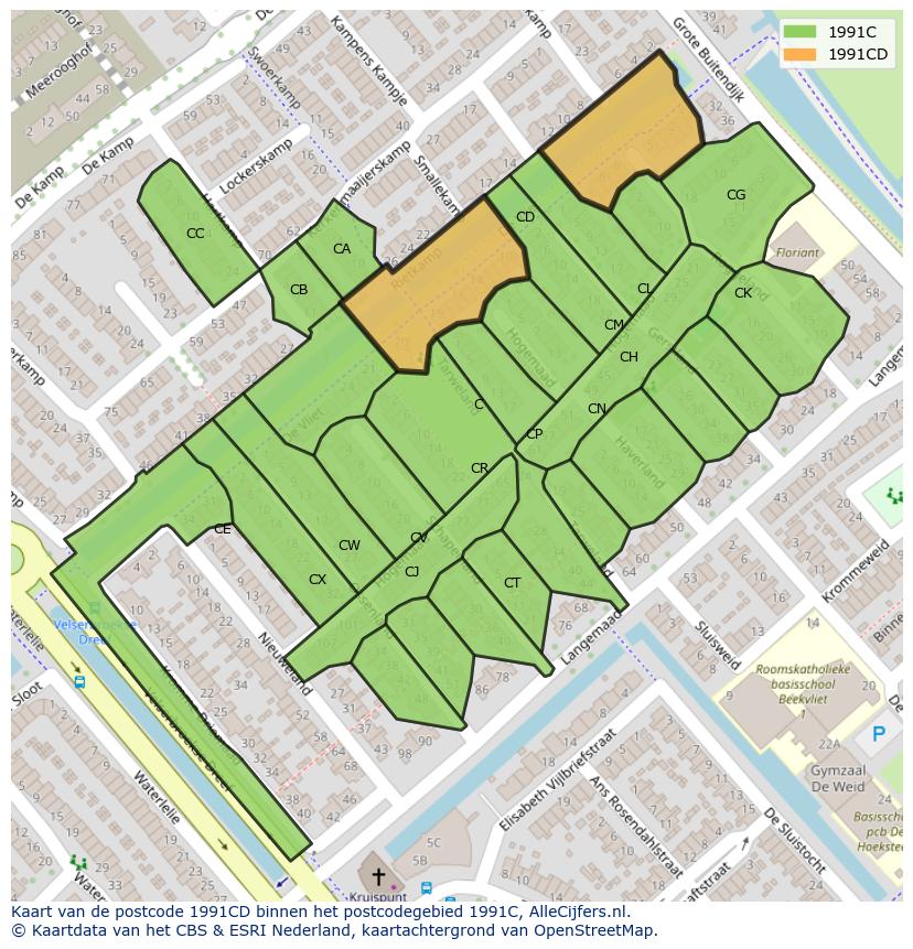 Afbeelding van het postcodegebied 1991 CD op de kaart.
