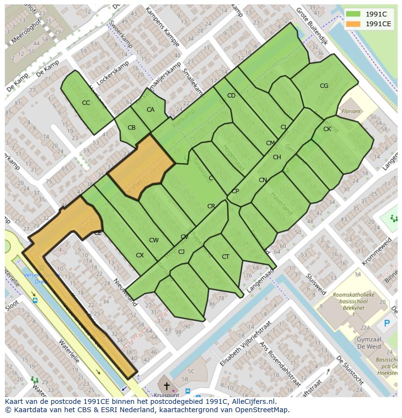 Afbeelding van het postcodegebied 1991 CE op de kaart.