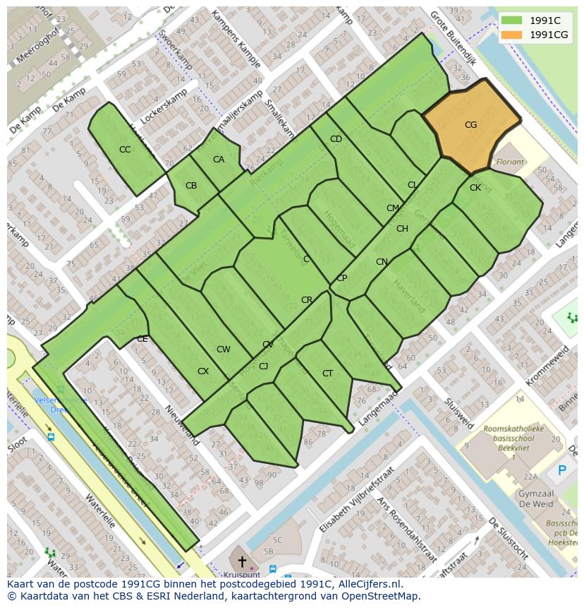 Afbeelding van het postcodegebied 1991 CG op de kaart.