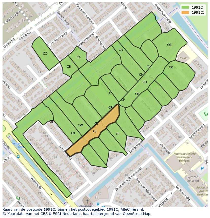 Afbeelding van het postcodegebied 1991 CJ op de kaart.