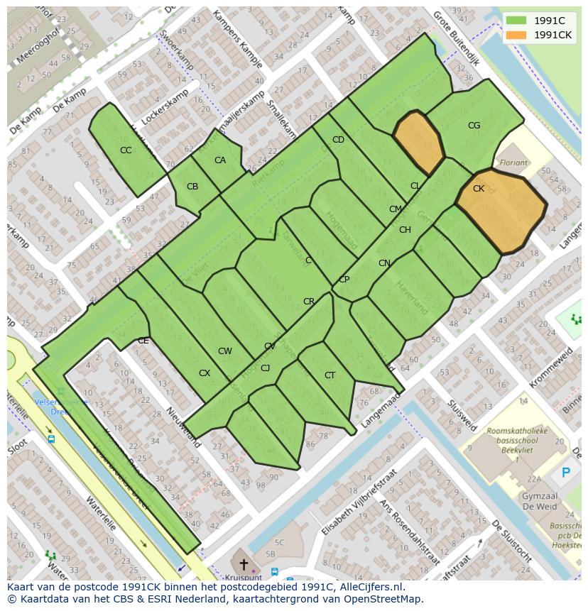 Afbeelding van het postcodegebied 1991 CK op de kaart.