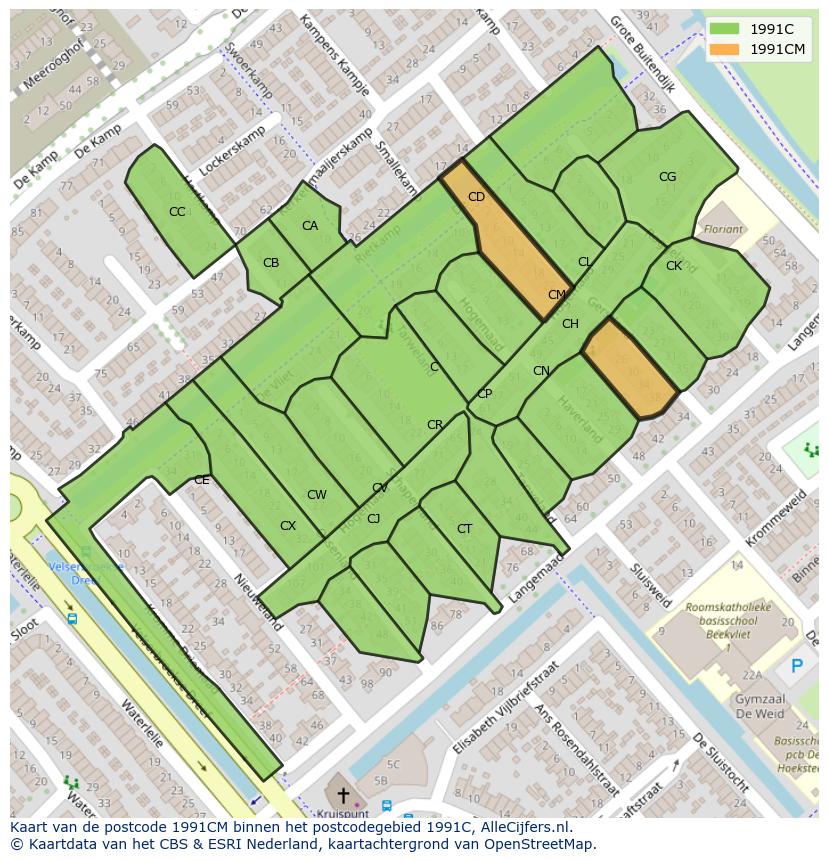 Afbeelding van het postcodegebied 1991 CM op de kaart.