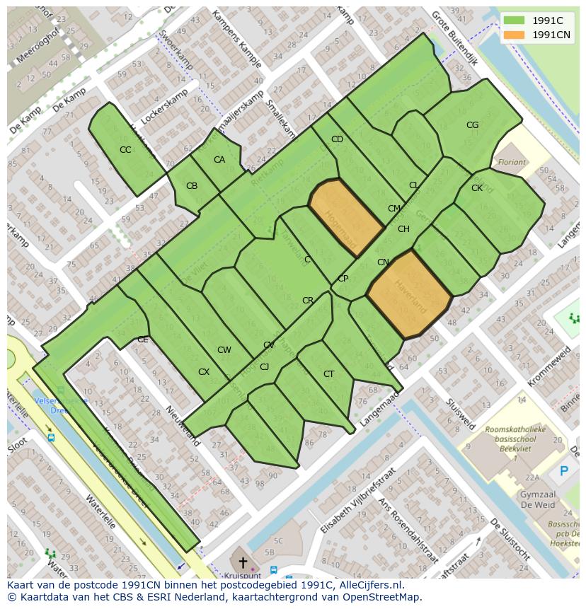 Afbeelding van het postcodegebied 1991 CN op de kaart.