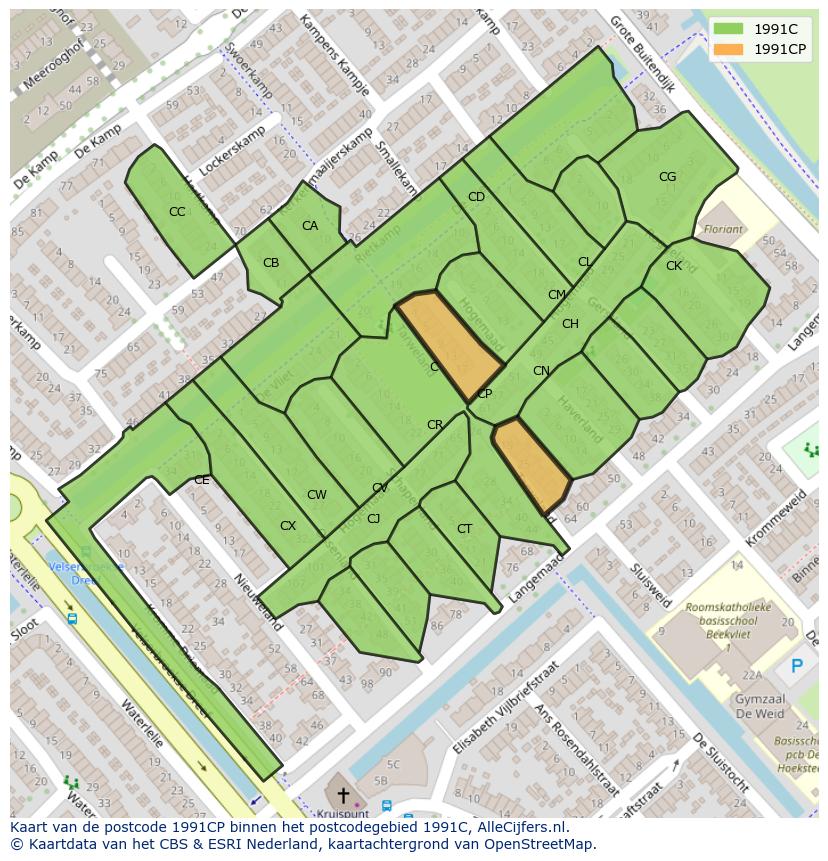 Afbeelding van het postcodegebied 1991 CP op de kaart.