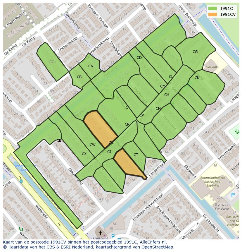 Afbeelding van het postcodegebied 1991 CV op de kaart.