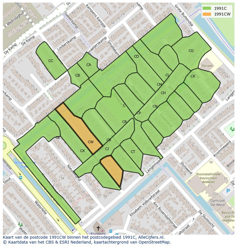 Afbeelding van het postcodegebied 1991 CW op de kaart.