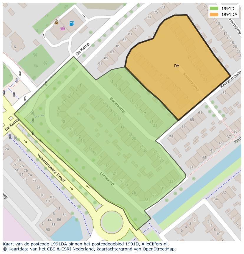 Afbeelding van het postcodegebied 1991 DA op de kaart.