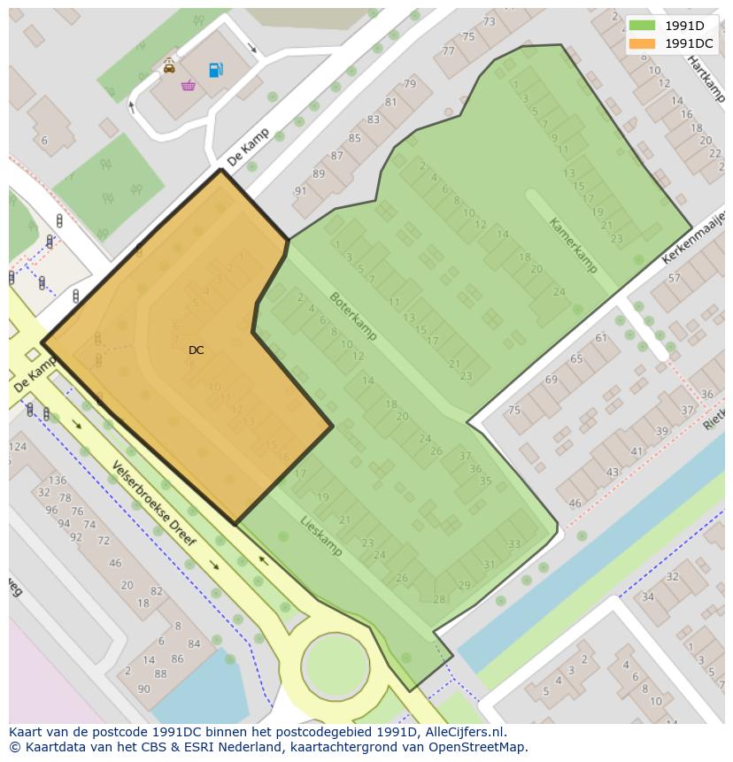Afbeelding van het postcodegebied 1991 DC op de kaart.