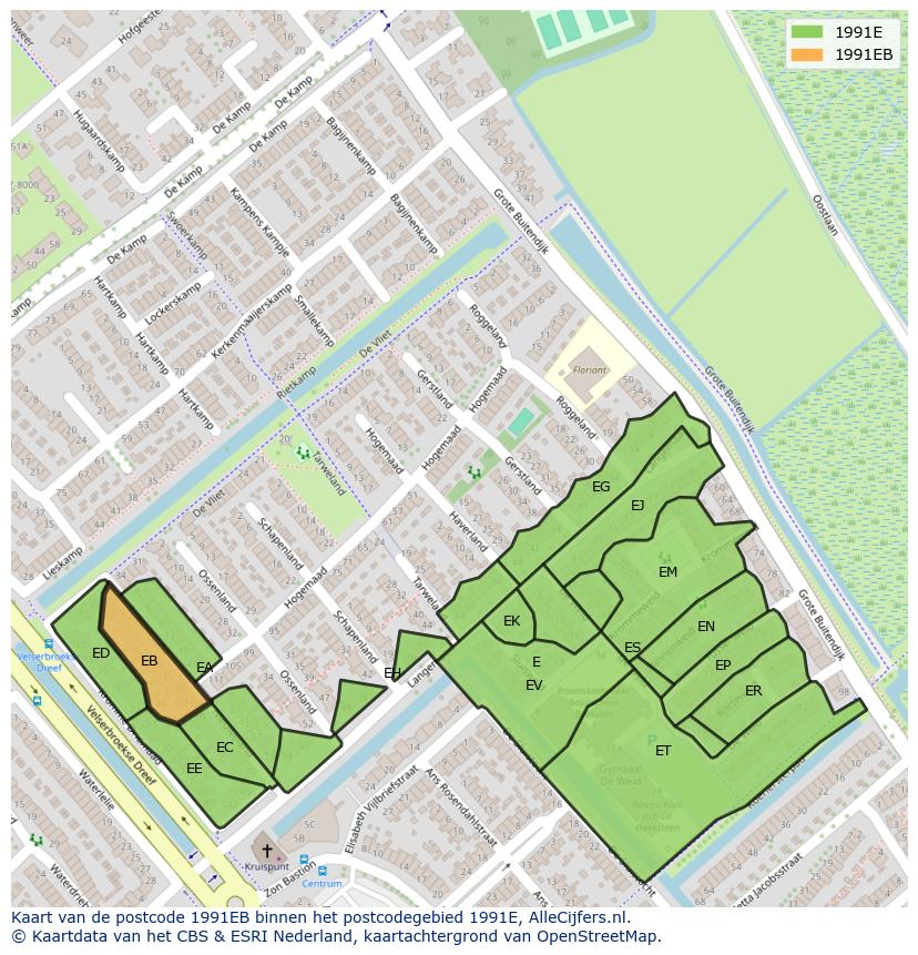 Afbeelding van het postcodegebied 1991 EB op de kaart.