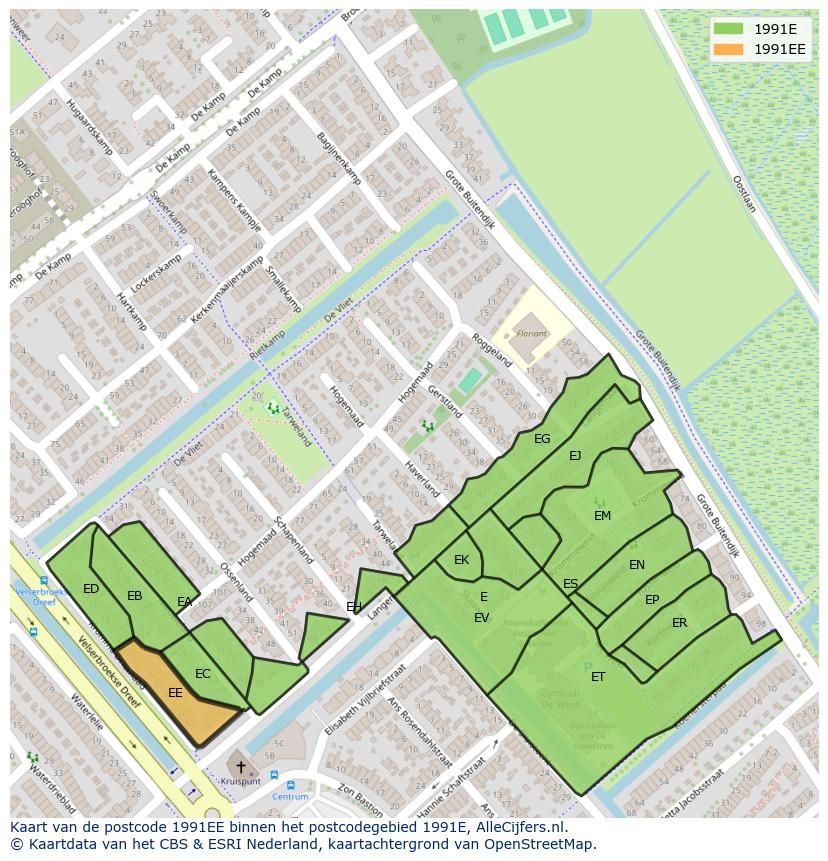 Afbeelding van het postcodegebied 1991 EE op de kaart.