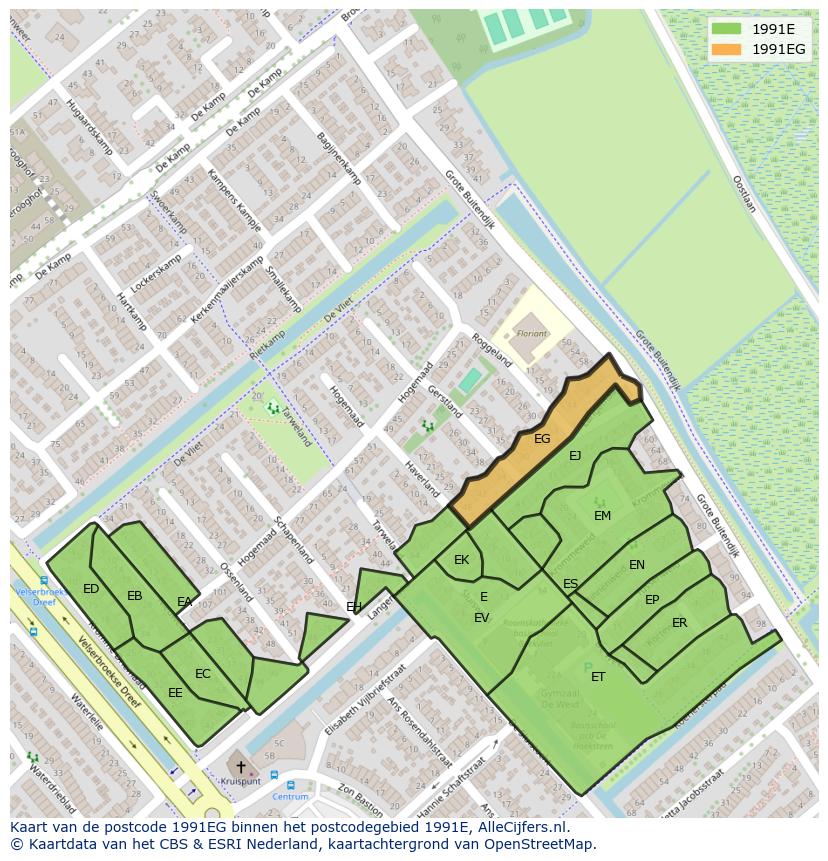 Afbeelding van het postcodegebied 1991 EG op de kaart.