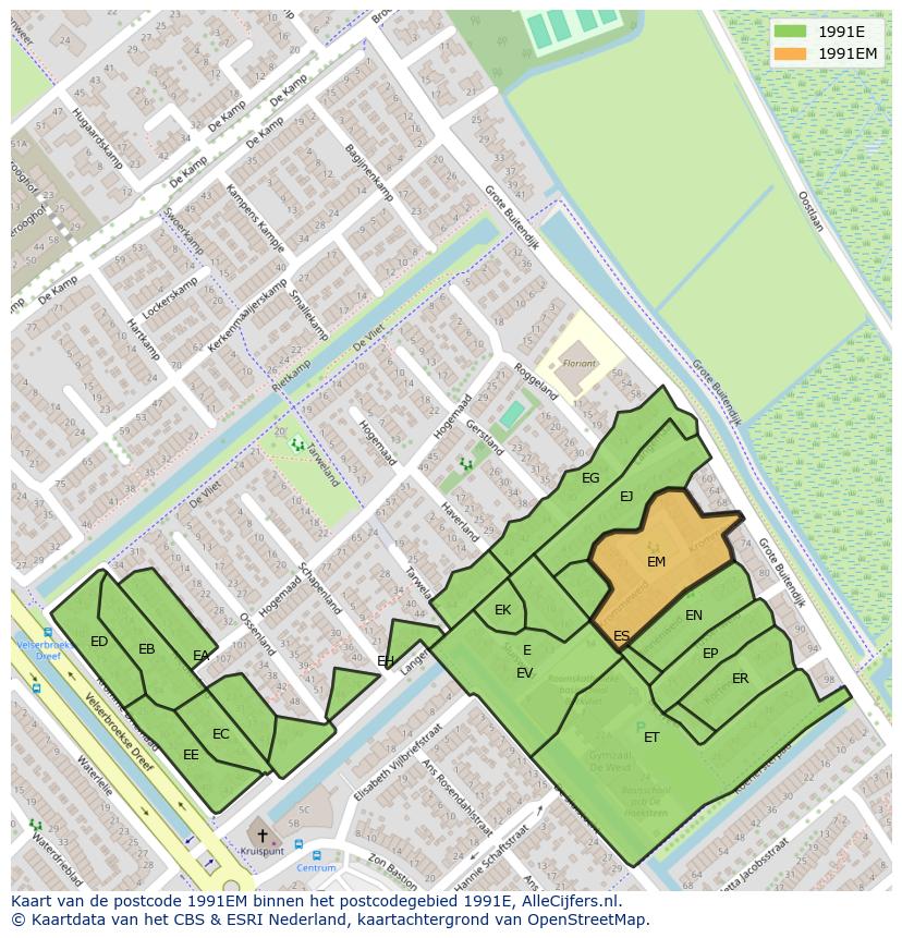 Afbeelding van het postcodegebied 1991 EM op de kaart.