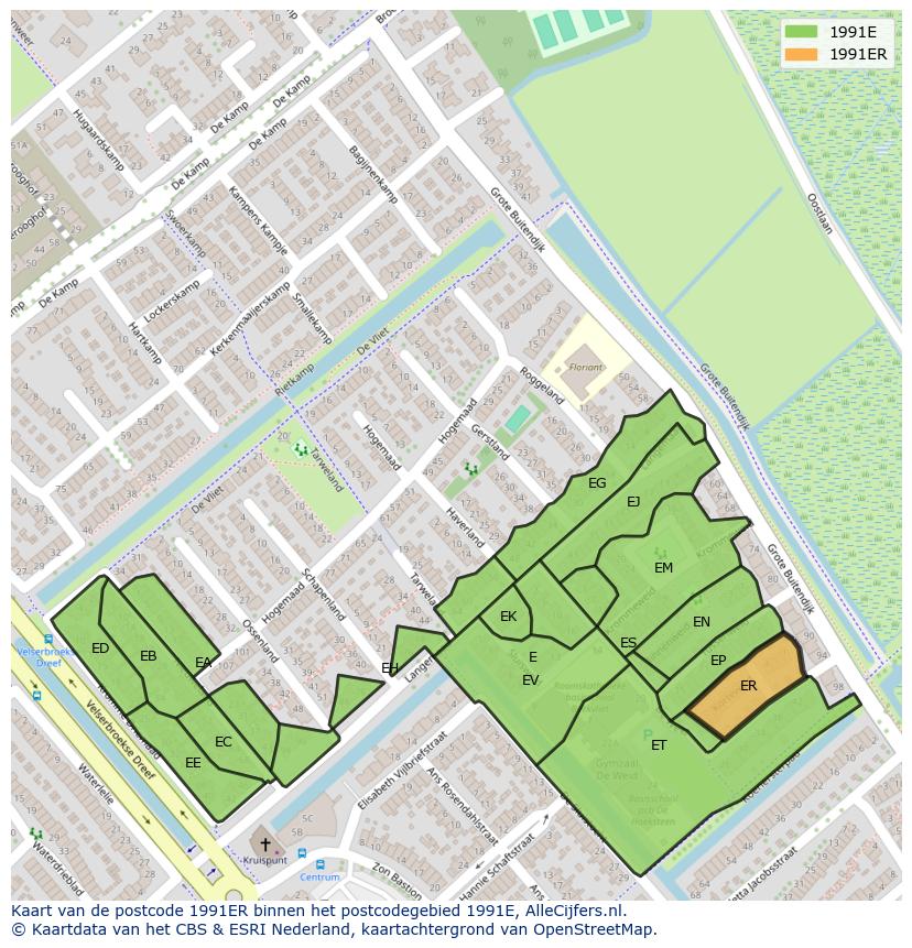 Afbeelding van het postcodegebied 1991 ER op de kaart.