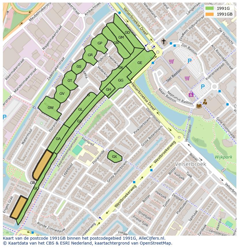 Afbeelding van het postcodegebied 1991 GB op de kaart.