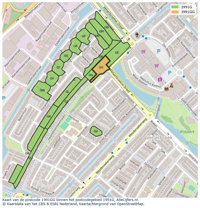Afbeelding van het postcodegebied 1991 GG op de kaart.
