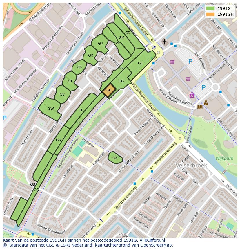 Afbeelding van het postcodegebied 1991 GH op de kaart.