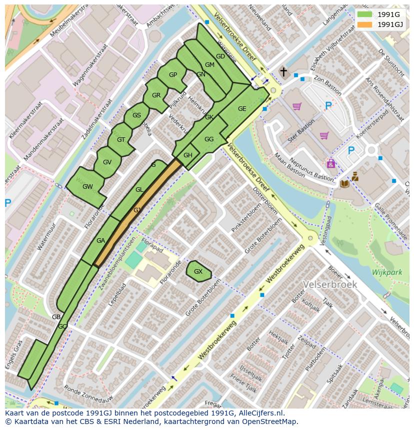 Afbeelding van het postcodegebied 1991 GJ op de kaart.