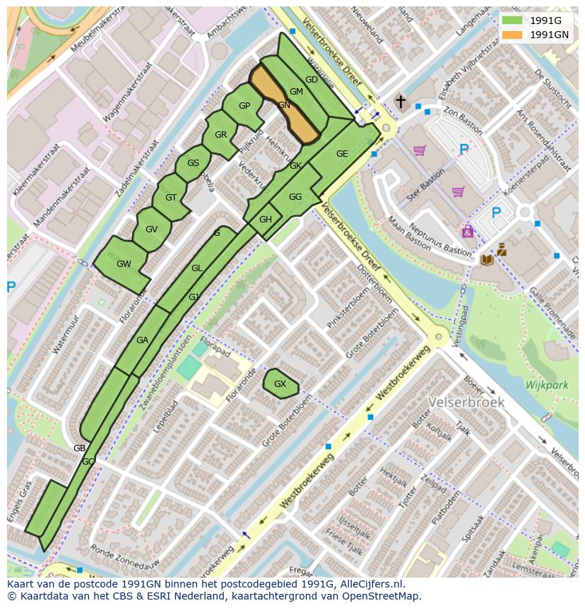 Afbeelding van het postcodegebied 1991 GN op de kaart.