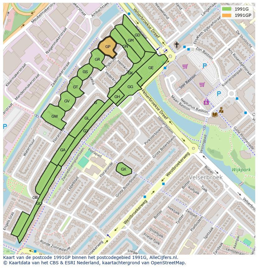 Afbeelding van het postcodegebied 1991 GP op de kaart.