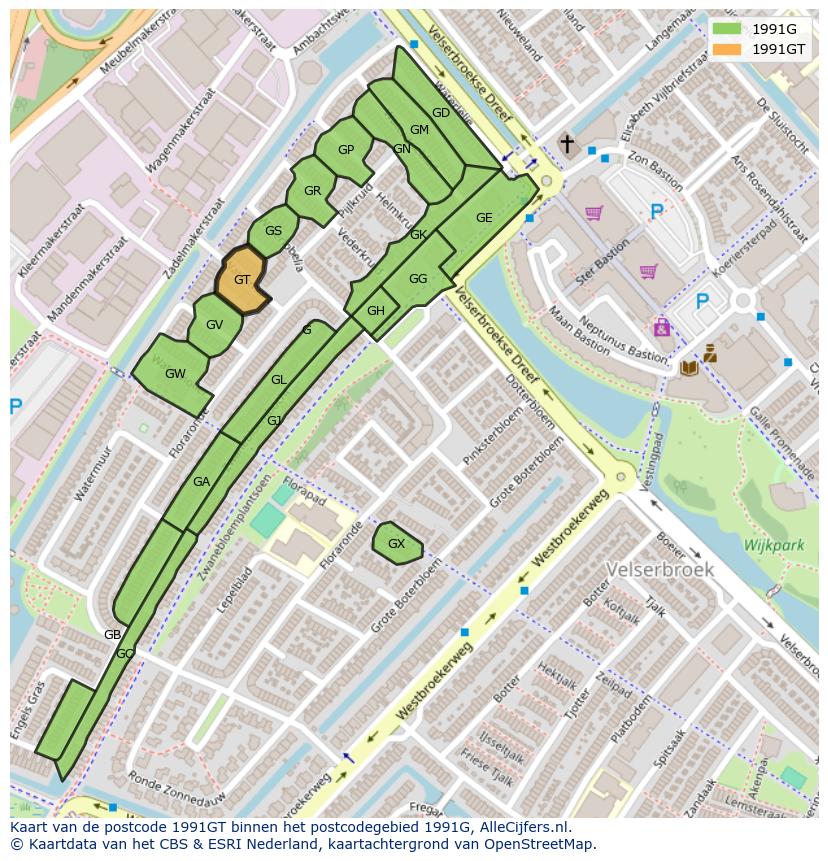 Afbeelding van het postcodegebied 1991 GT op de kaart.