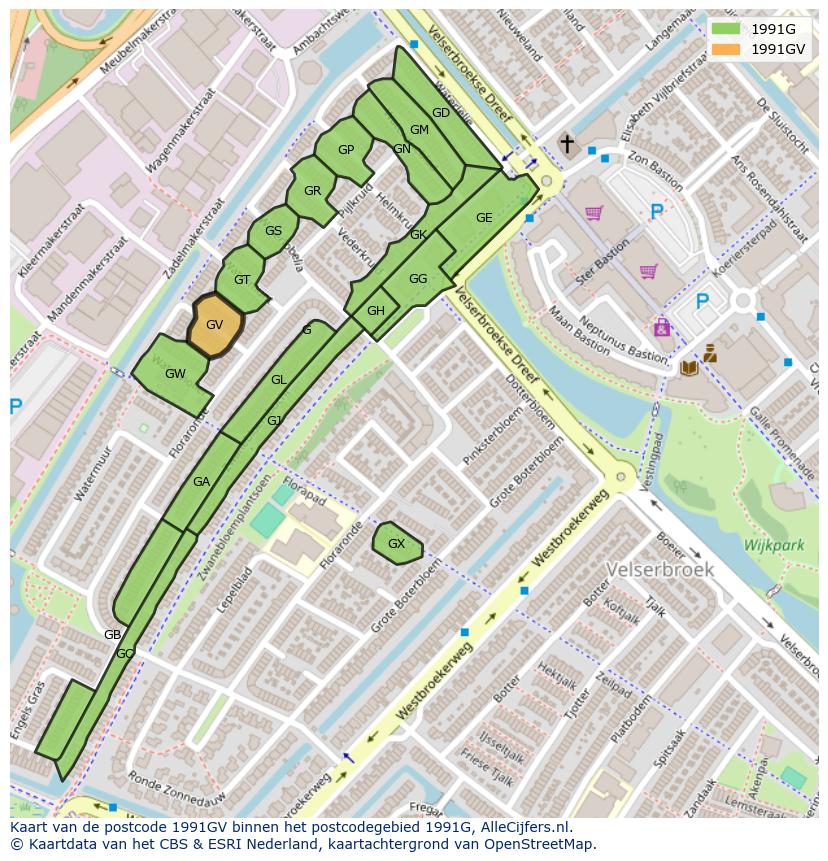Afbeelding van het postcodegebied 1991 GV op de kaart.