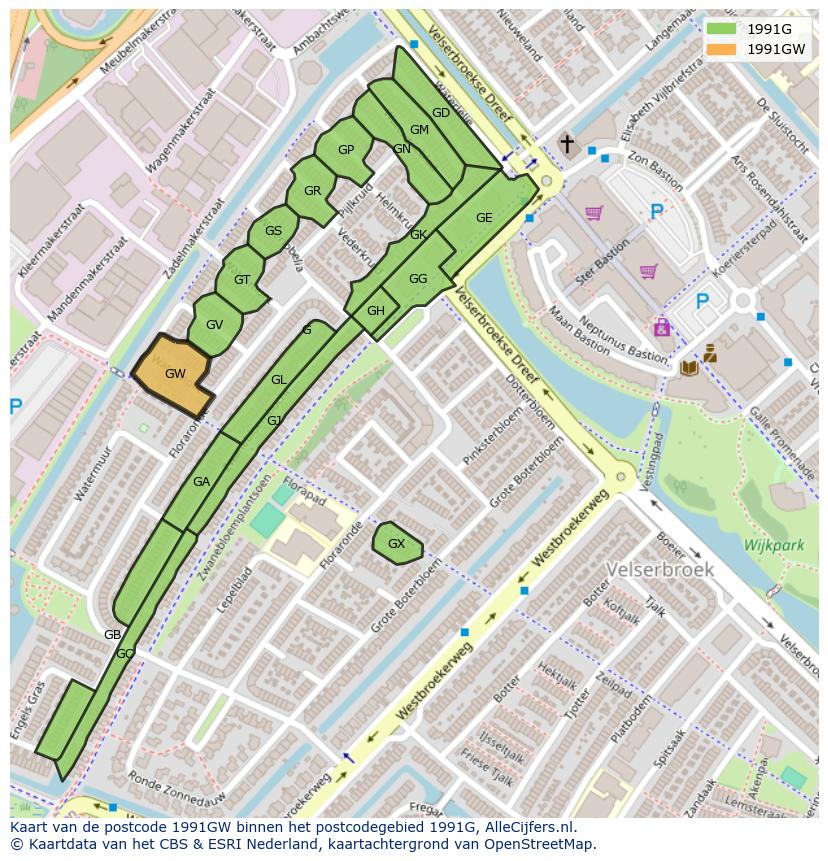 Afbeelding van het postcodegebied 1991 GW op de kaart.