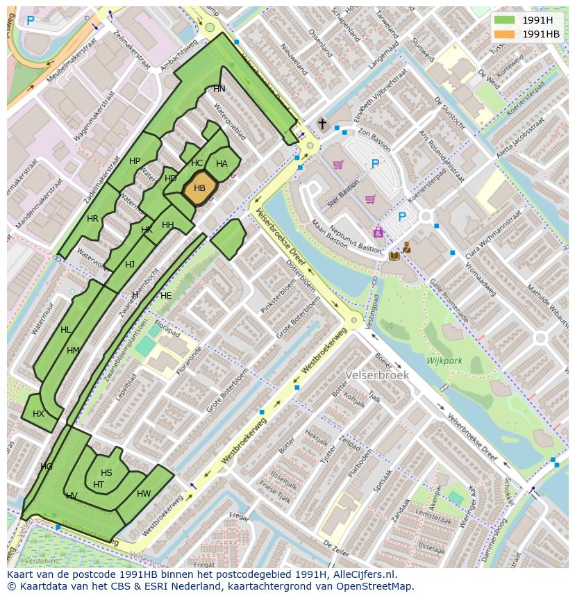 Afbeelding van het postcodegebied 1991 HB op de kaart.